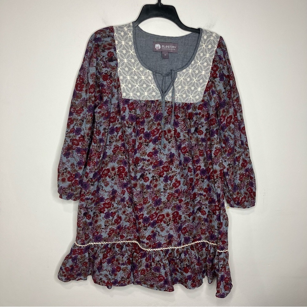 Elestory‎ 100% cotton peasant dress floral pattern size XL